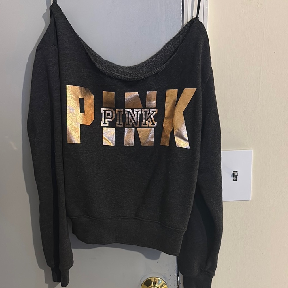 PINK Victoria's Secret Black Off-the-Shoulder Sweater with Gold Lettering